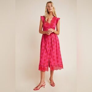 Anthropologie RANNA GILL EUC Midi Tomine Eyelet Dress XS Hot Pink